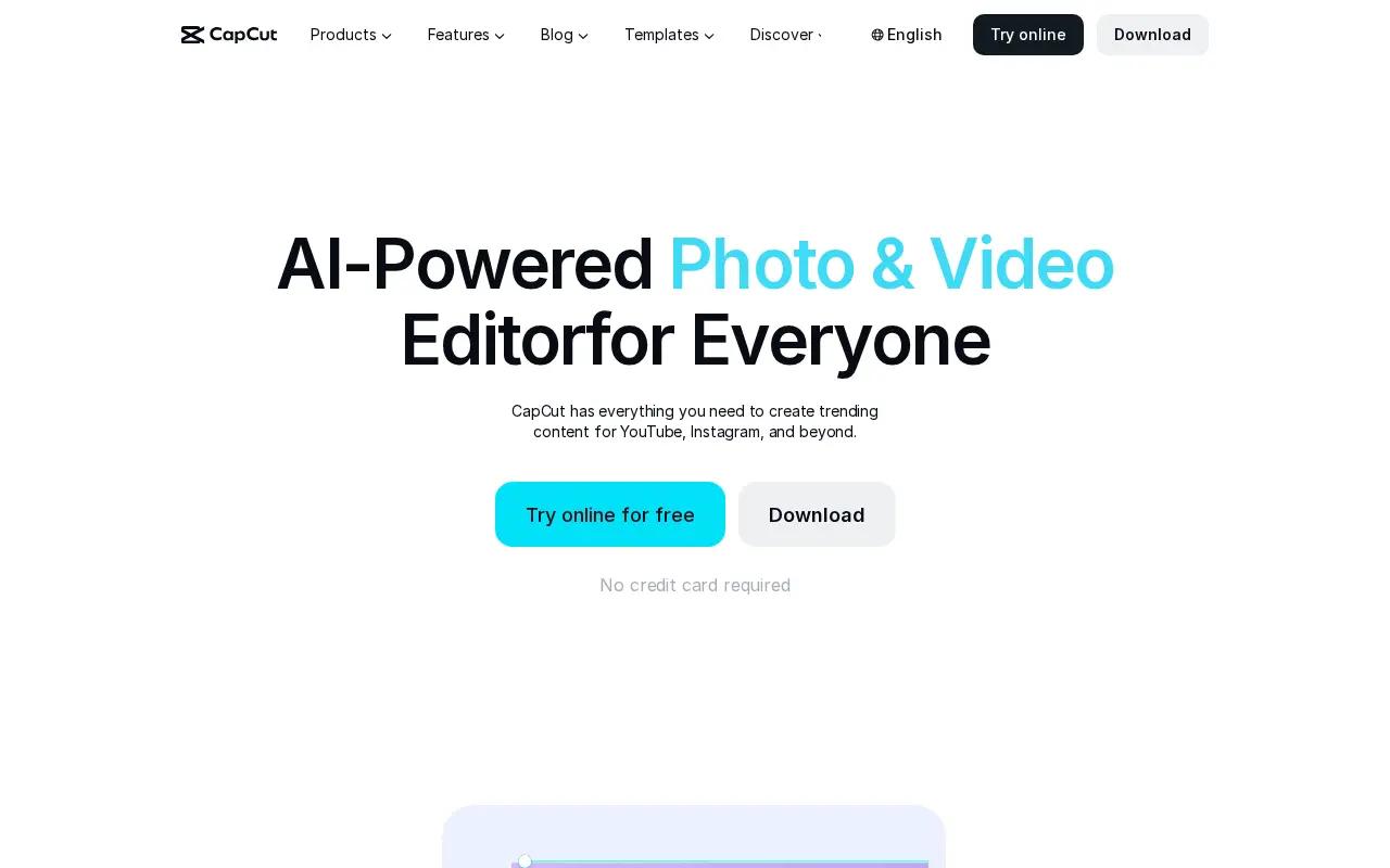 CapCut homepage, October 2026