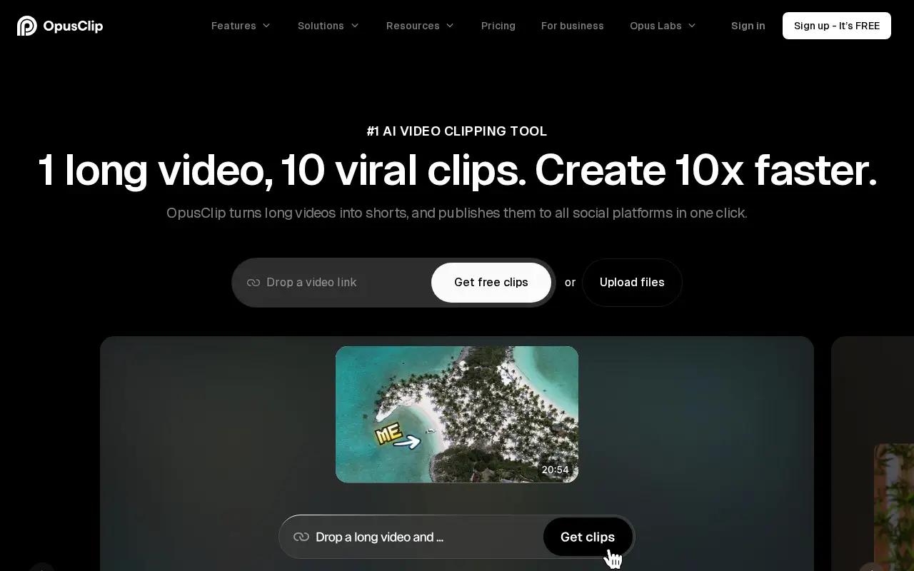 OpusClip homepage, October 2026